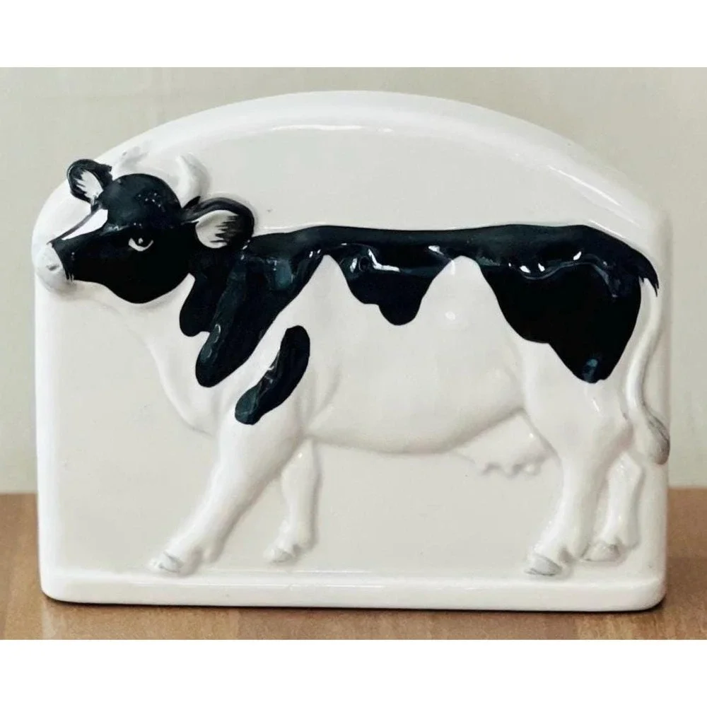 Vintage Otagiri Cow Napkin‎ Holder Black and white bull hand painted. Japan EUC